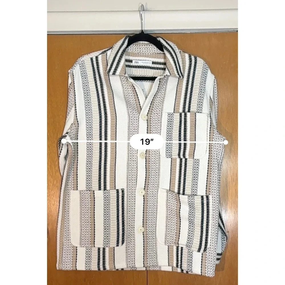ZARA Mens Striped Button Up Shacket M Chore Style Versatile Made in Morocco - Picture 11 of 12